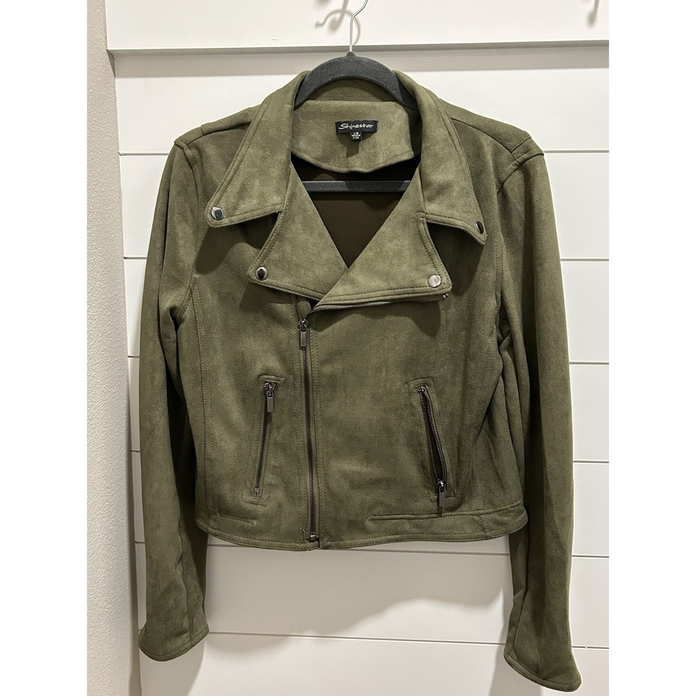 Shinestar Women's Jacket L Fall Olive Green Soft Zip Up Dressy New Motorcycle